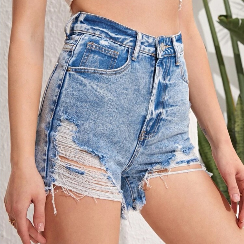 Destroyed acid wash ripped jean shorts shein